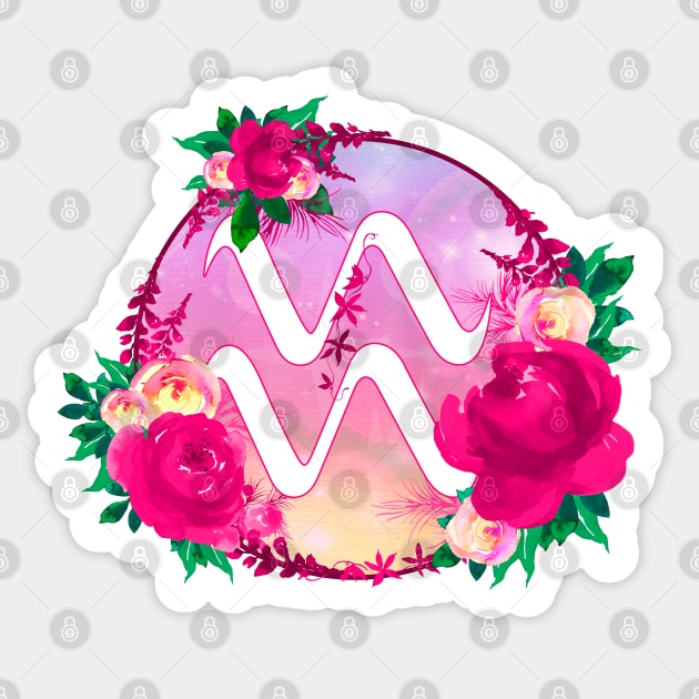 Aquarius Zodiac Horoscope Pink Floral Monogram Sticker by bumblefuzzies